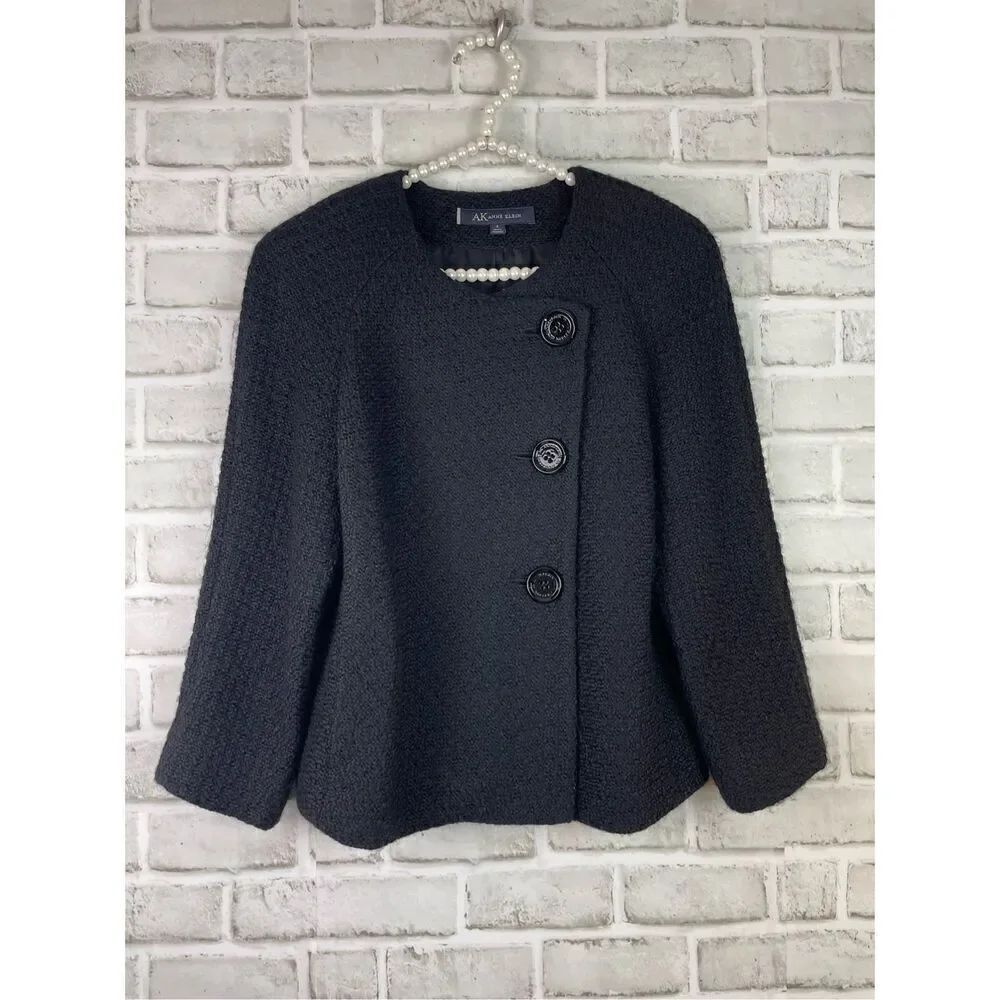 AK Anne Klein Women's Black Tweed Blazer Jacket Size 4 Business Classic